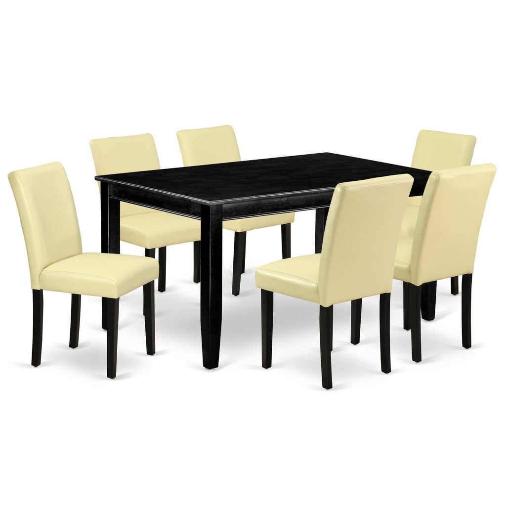 Juego de mesa y sillas de cocina de 7 piezas DUAB7-BLK-73 de East West Furniture. Incluye una mesa de comedor rectangular y 6 sillas tapizadas en piel sintética color Eggnog.