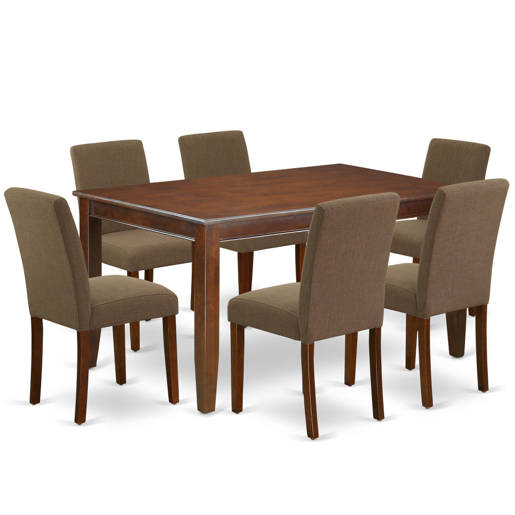 Juego de mesa de comedor de 7 piezas East West Furniture DUAB7-MAH-18 compuesto por una mesa de cocina rectangular y 6 sillas de comedor Parson de tela de lino color café.