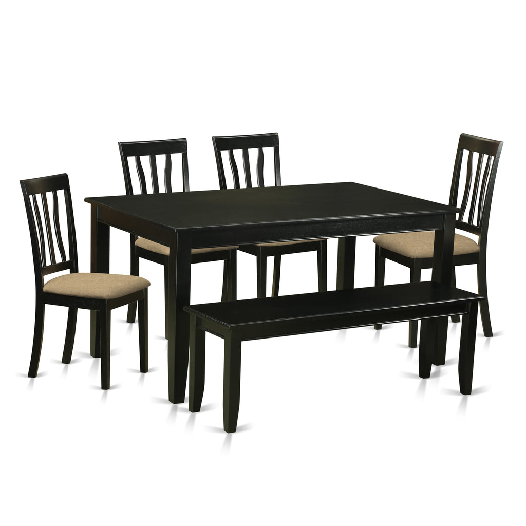 East West Furniture DUAN6-BLK-C 6 Piece Dining Room Table Set Contains a Rectangle Kitchen Table and 4 Linen Fabric Dining Chairs with a Bench