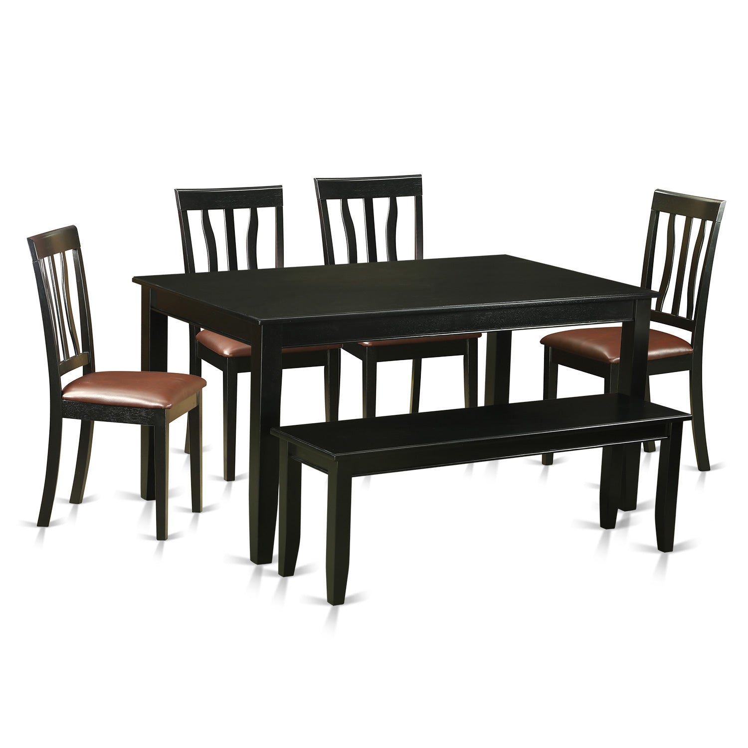 Juego de mesa y sillas de cocina de 6 piezas East West Furniture DUAN6-BLK-LC. Contiene una mesa de comedor rectangular y 4 sillas de comedor de cuero sintético con un banco.