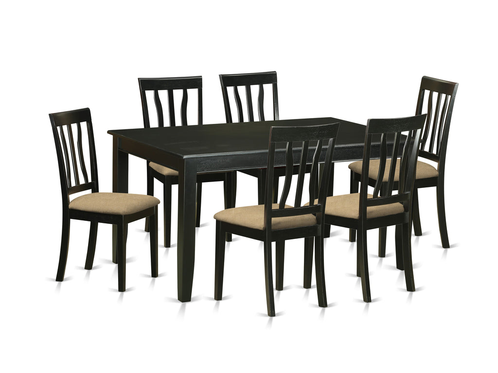 East West Furniture DUAN7-BLK-C 7 Piece Kitchen Table Set Consist of a Rectangle Dining Table and 6 Linen Fabric Upholstered Dining Chairs
