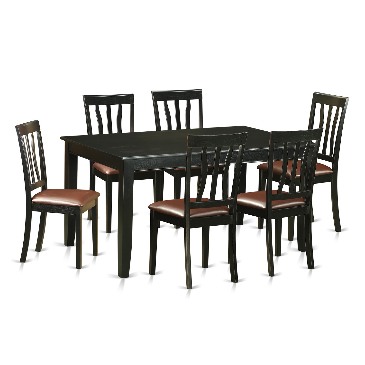 Juego de mesa de comedor de 7 piezas East West Furniture DUAN7-BLK-LC compuesto por una mesa de cocina rectangular y 6 sillas de comedor tapizadas en piel sintética.