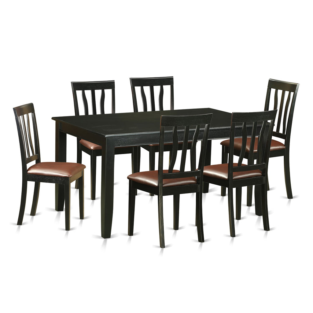 Juego de mesa de comedor de 7 piezas East West Furniture DUAN7-BLK-LC compuesto por una mesa de cocina rectangular y 6 sillas de comedor tapizadas en piel sintética.