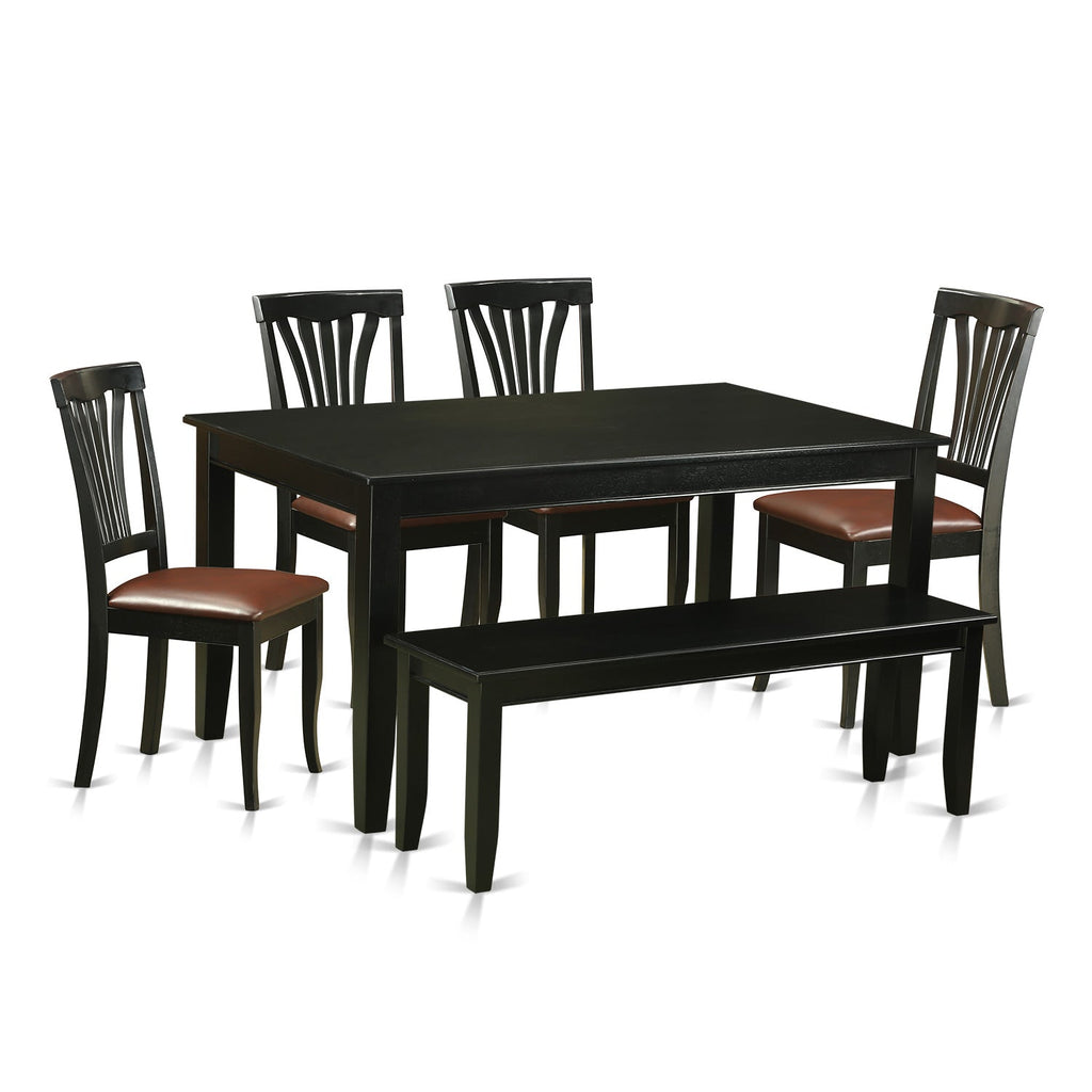 Juego de mesa y sillas de cocina de 6 piezas DUAV6-BLK-LC de East West Furniture. Contiene una mesa de comedor rectangular y 4 sillas de comedor de cuero sintético con un banco.