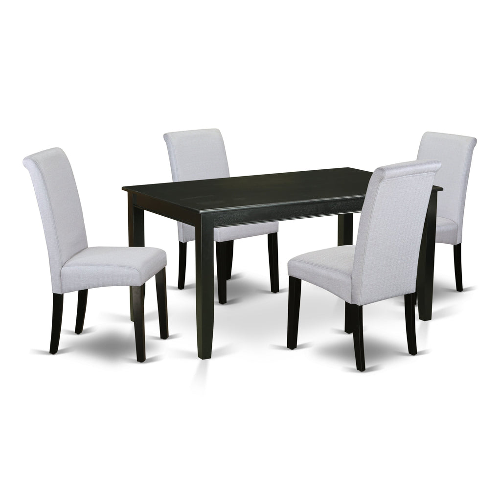 El juego de mesa de comedor de 5 piezas DUBA5-BLK-05 de East West Furniture incluye una mesa de cocina rectangular y 4 sillas de comedor Parsons de tela de lino gris.