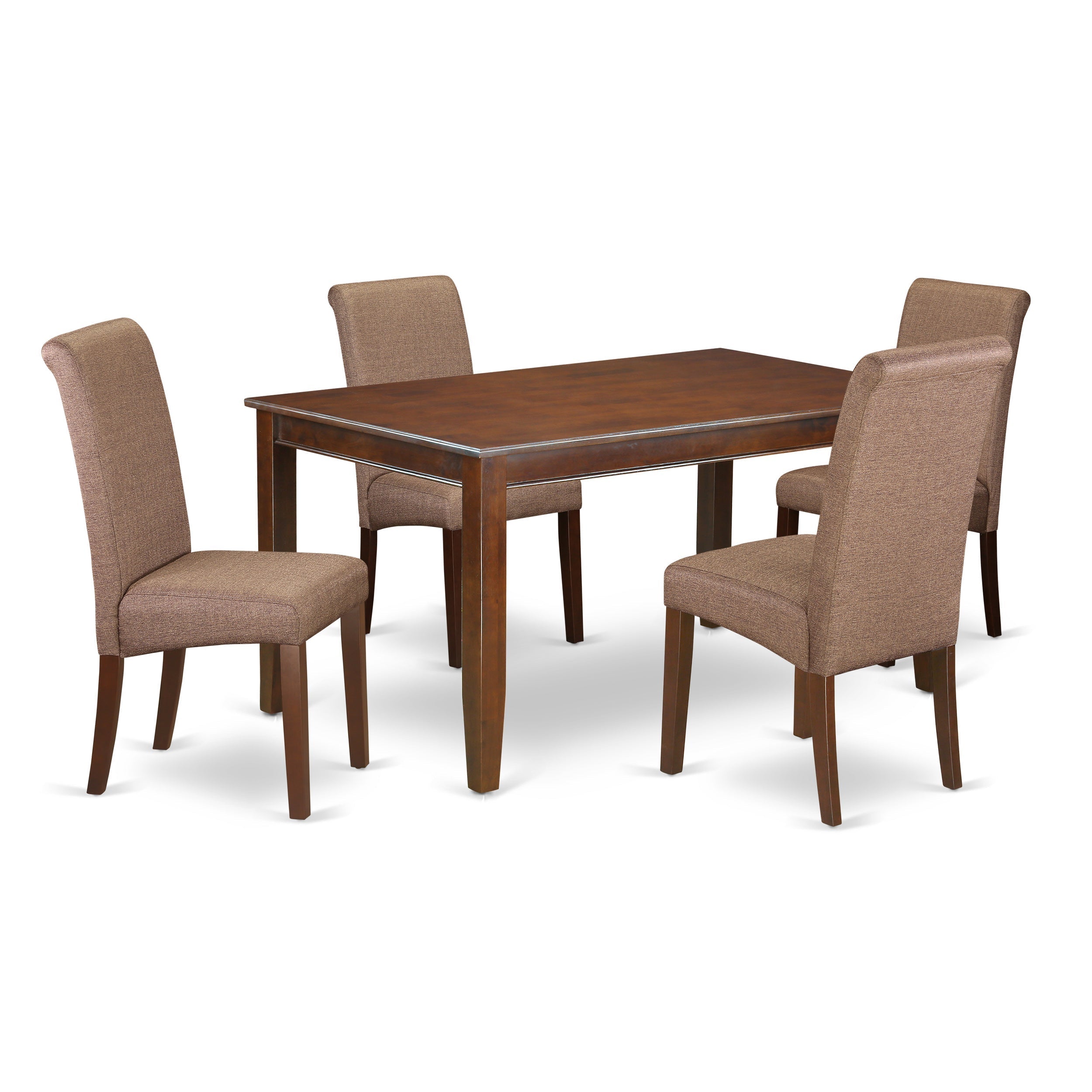 Juego de comedor de 5 piezas DUBA5-MAH-18 de East West Furniture. Incluye una mesa de comedor rectangular y 4 sillas Parson tapizadas en tela de lino marrón.