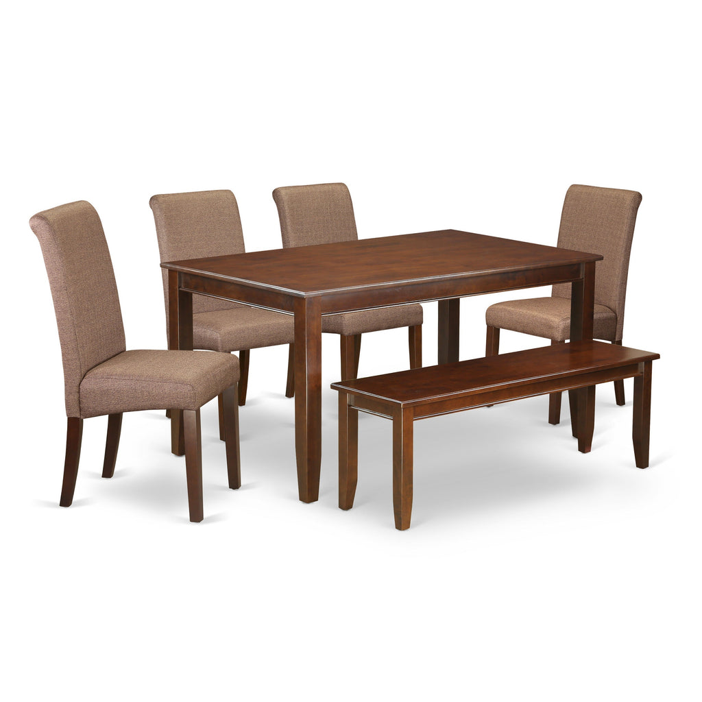 Juego de mesa y sillas de cocina de 6 piezas DUBA6-MAH-18 de East West Furniture. Contiene una mesa de comedor rectangular y 4 sillas Parson de tela de lino marrón con un banco.