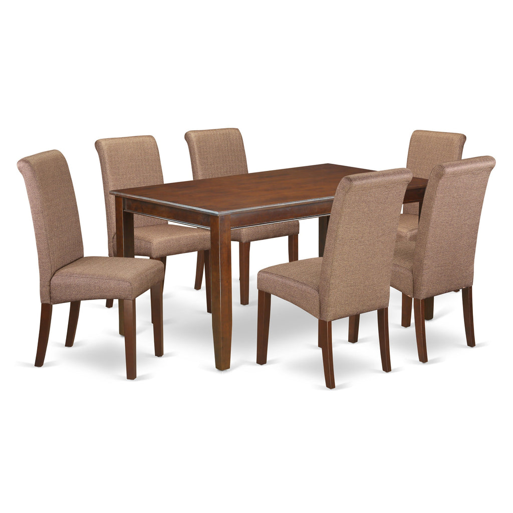 East West Furniture DUBA7-MAH-18 7 Piece Modern Dining Table Set Consist of a Rectangle Wooden Table and 6 Brown Linen Linen Fabric Upholstered Parson Chairs