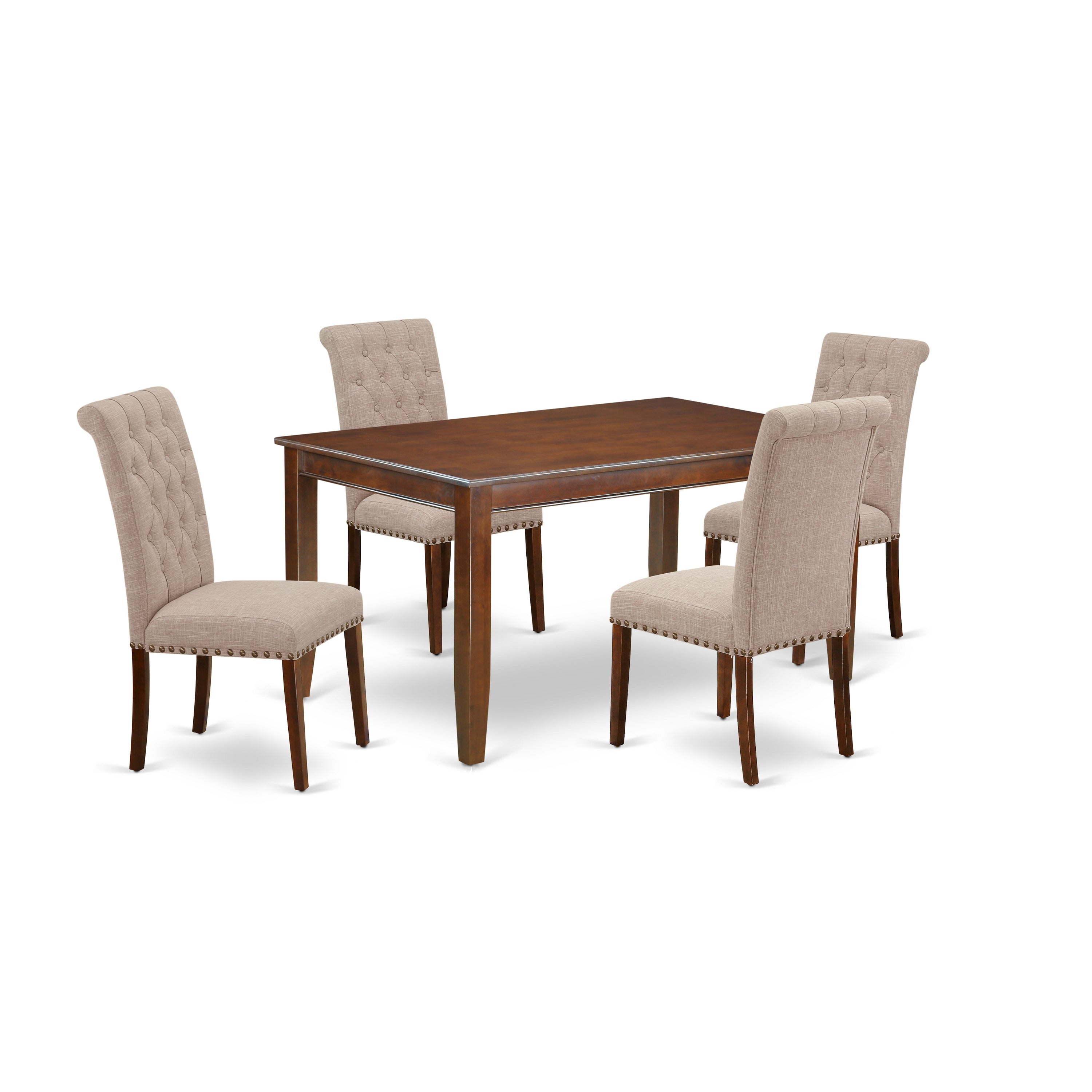 DUBR5-MAH-04 5Pc Dining Set Includes a Rectangle Dining Table and Four Parson Chairs with Light Fawn Fabric, Mahogany Finish