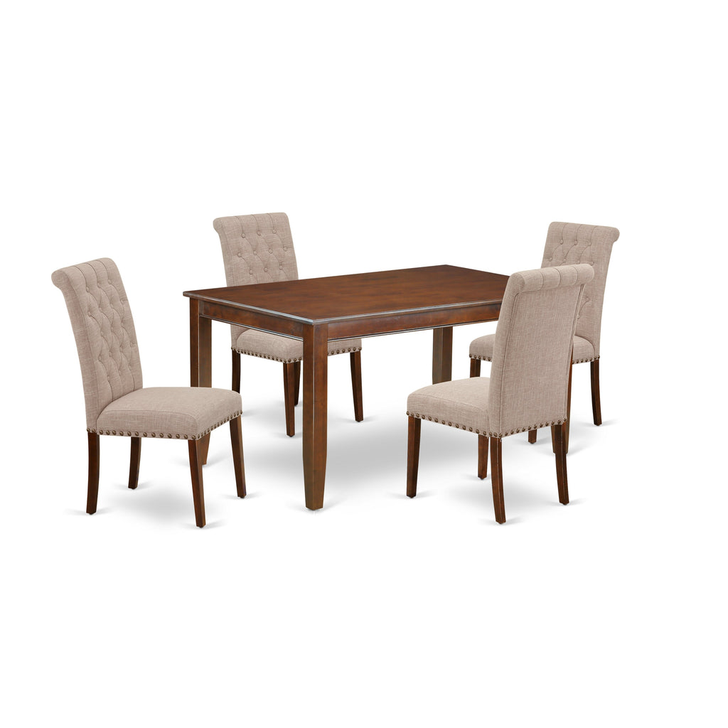 East West Furniture DUBR5-MAH-04 5 Piece Dining Room Table Set Includes a Rectangle Wooden Table and 4 Light Tan Linen Fabric Upholstered Parson Chairs