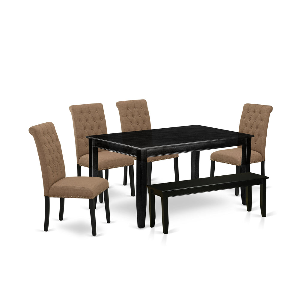 East West Furniture DUBR6-BLK-17 6 Piece Kitchen Table Set Contains a Rectangle Dining Table and 4 Light Sable Linen Fabric Parson Chairs with a Bench