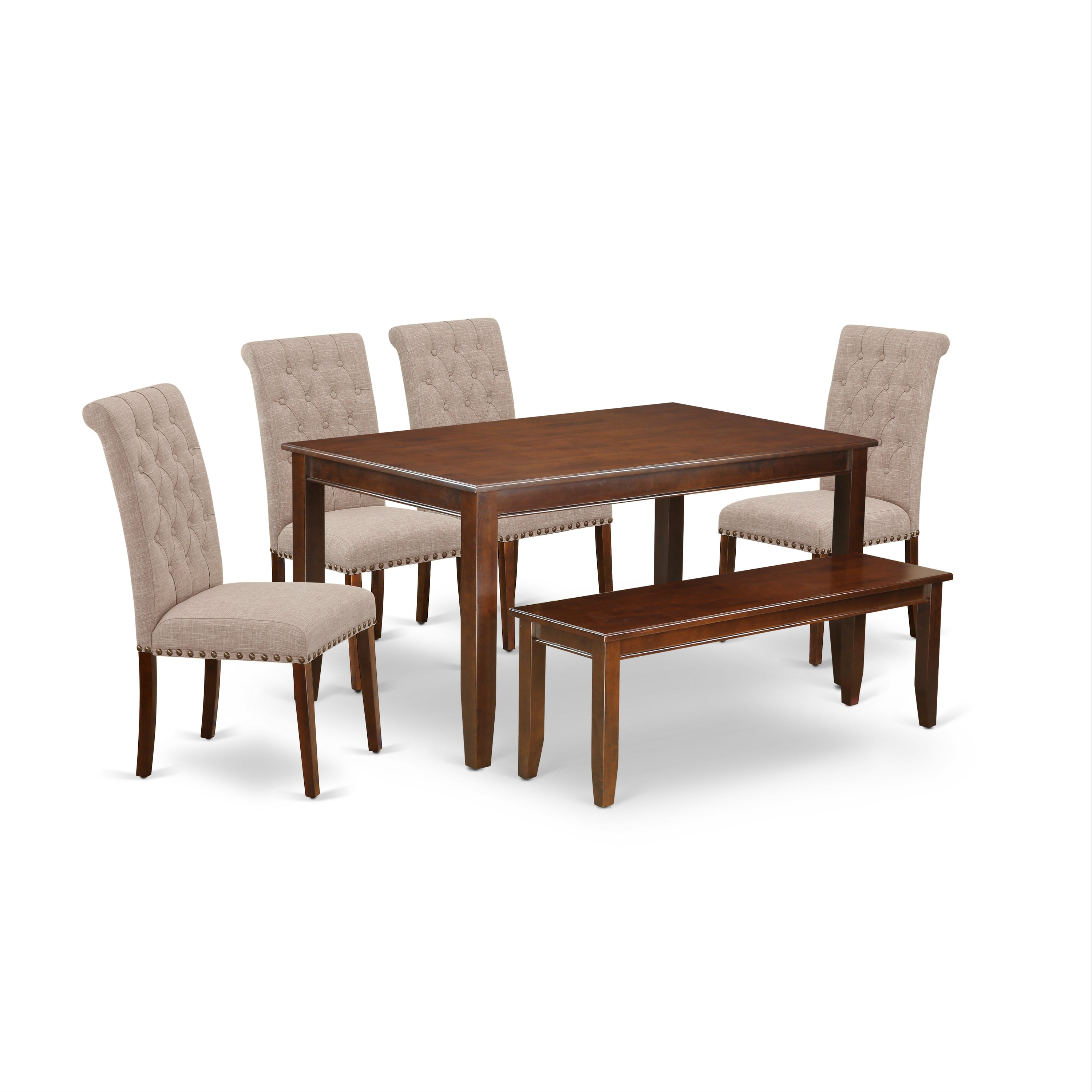 DUBR6-MAH-04 6Pc Dining Set Includes a Rectangle Dining Table, Four Parson Chairs with Light Fawn Fabric and a Bench, Mahogany Finish