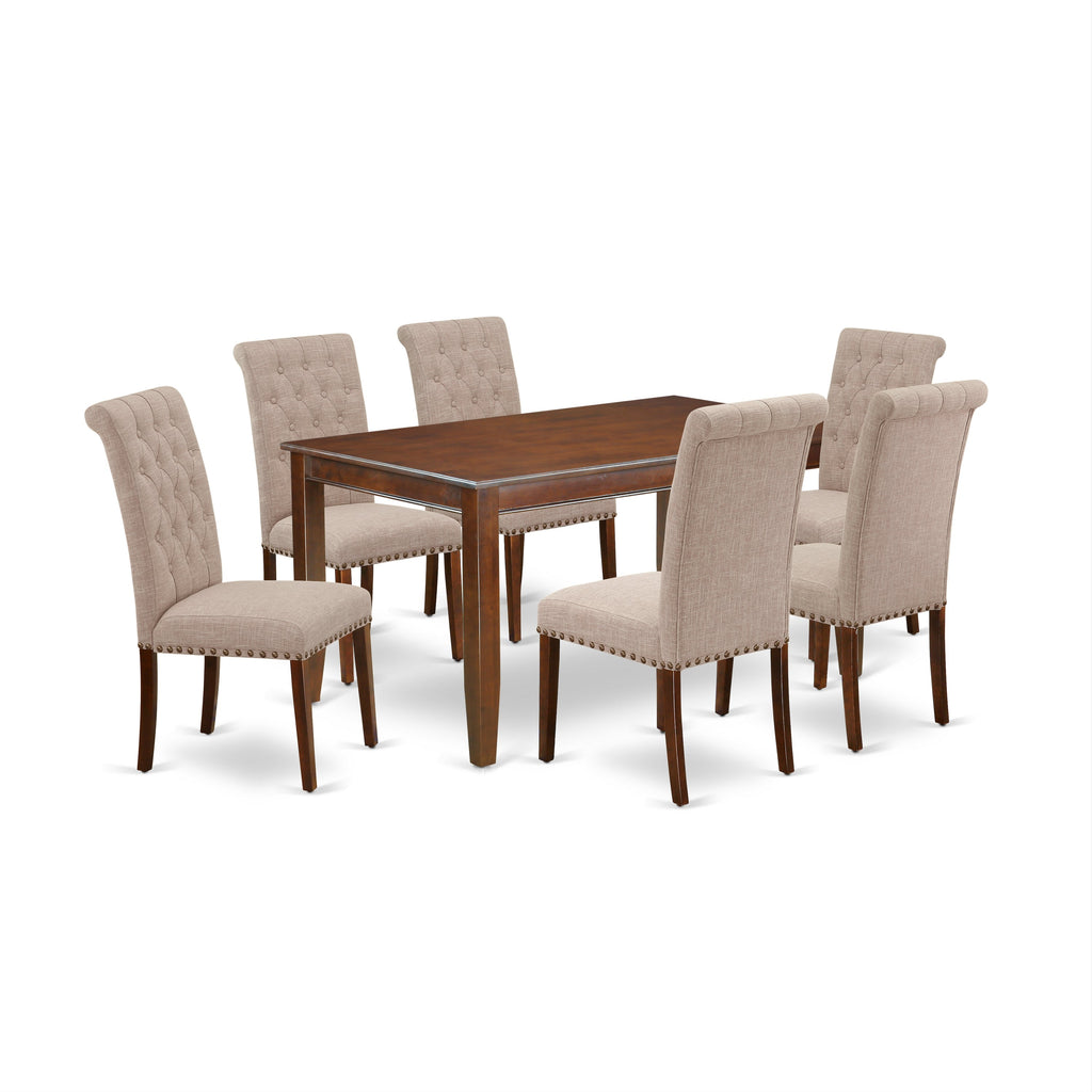 East West Furniture DUBR7-MAH-04 7 Piece Dining Set Consist of a Rectangle Dining Room Table and 6 Light Tan Linen Fabric Upholstered Parson Chairs