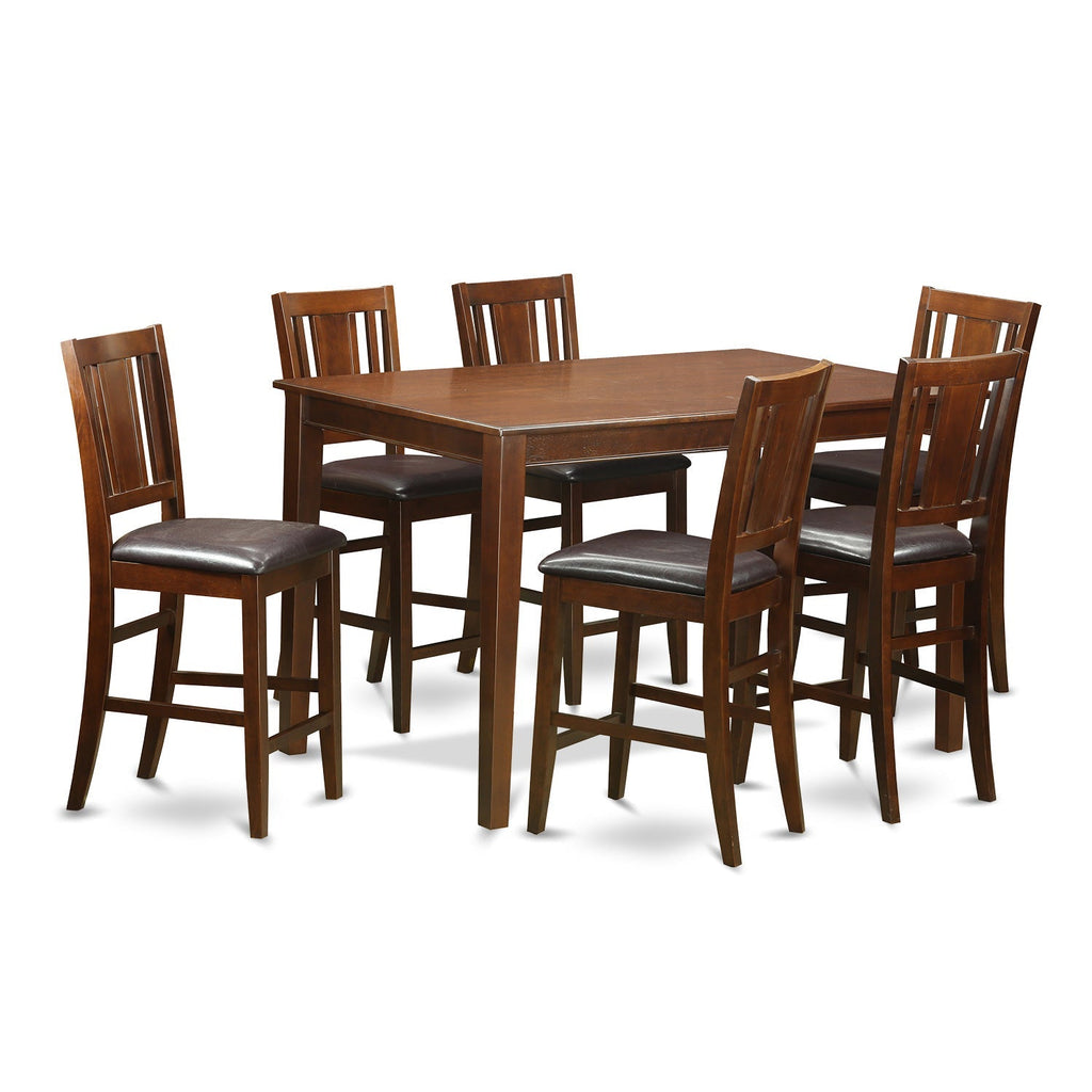 East West Furniture DUBU7H-MAH-LC 7 Piece Counter Height Dining Table Set Consist of a Rectangle Wooden Table and 6 Faux Leather Kitchen Dining Chairs