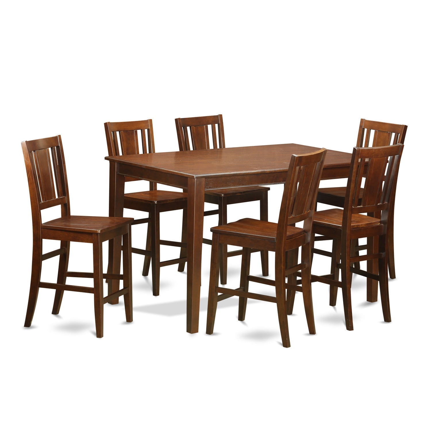 Juego de comedor de 7 piezas East West Furniture DUBU7H-MAH-W con altura de mostrador, compuesto por una mesa de cocina rectangular y 6 sillas de comedor.