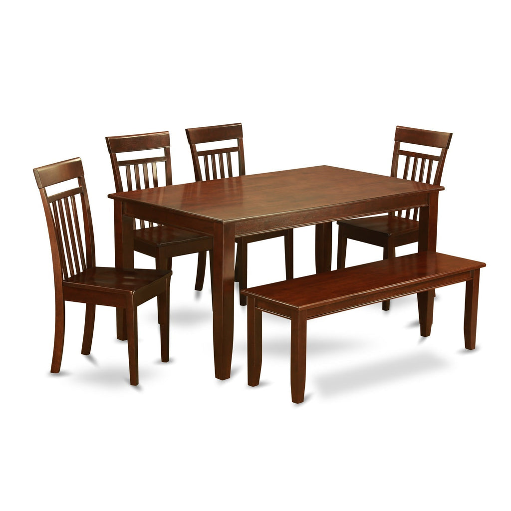 Juego de mesa de comedor de 6 piezas DUCA6D-MAH-W de East West Furniture. Contiene una mesa de cocina rectangular y 4 sillas de comedor con un banco.