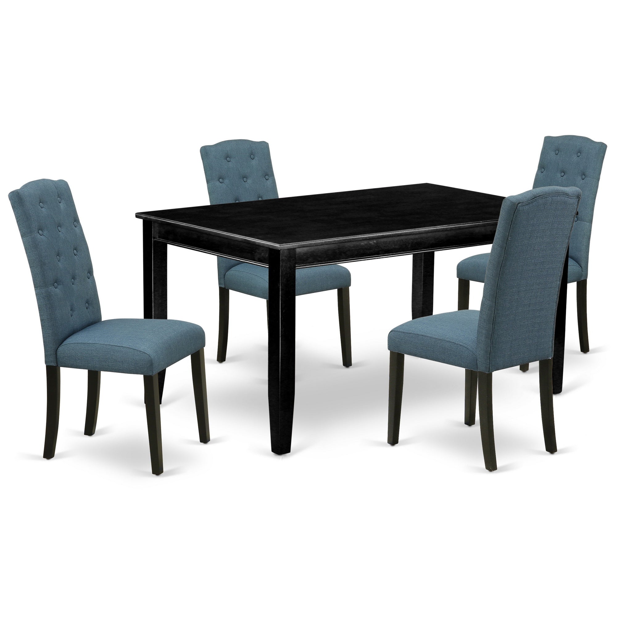 Juego de mesa y sillas de cocina de 5 piezas DUCE5-BLK-21 de East West Furniture. Incluye una mesa de comedor rectangular y 4 sillas tapizadas en tela de lino azul mineral.