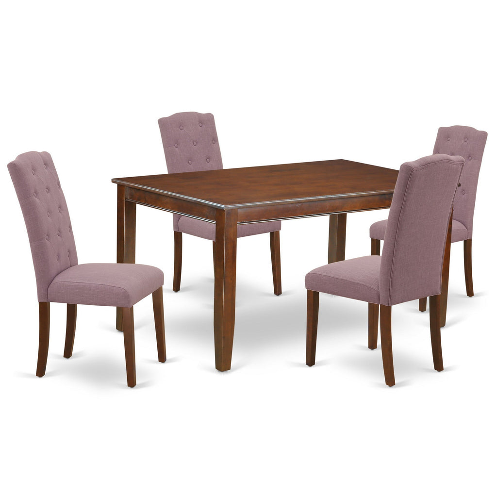 Juego de mesa y sillas de cocina de 5 piezas DUCE5-MAH-10 de East West Furniture. Incluye una mesa de comedor rectangular y 4 sillas de comedor Parson de tela de lino Dahlia.