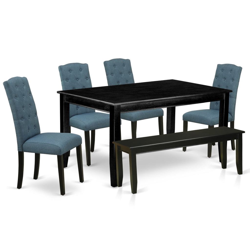 East West Furniture DUCE6-BLK-21 6 Piece Dinette Set Contains a Rectangle Dining Room Table and 4 Mineral Blue Linen Fabric Parson Chairs with a Bench