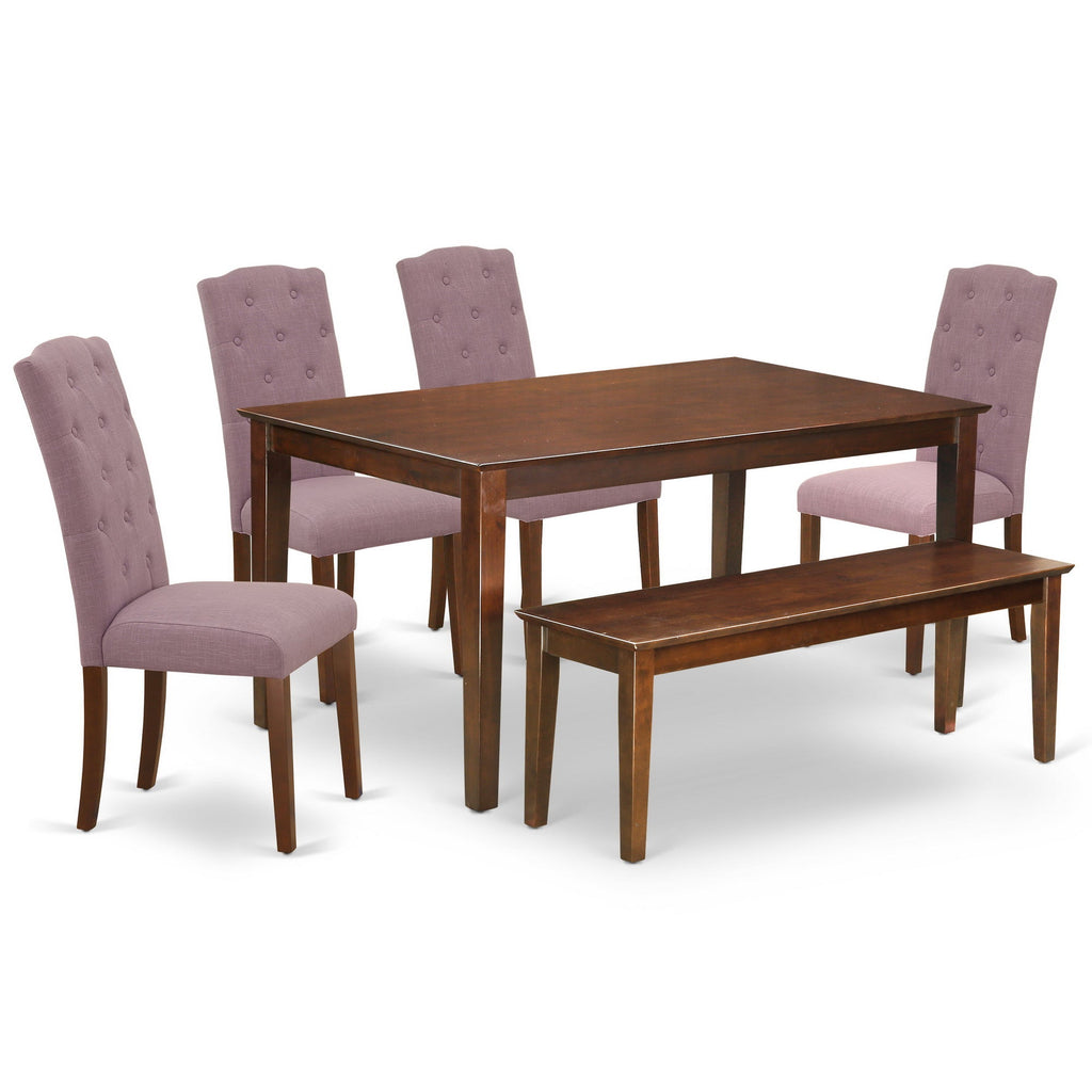 East West Furniture DUCE6-MAH-10 6 Piece Dining Table Set Contains a Rectangle Kitchen Table and 4 Dahlia Linen Fabric Parson Chairs with a Bench