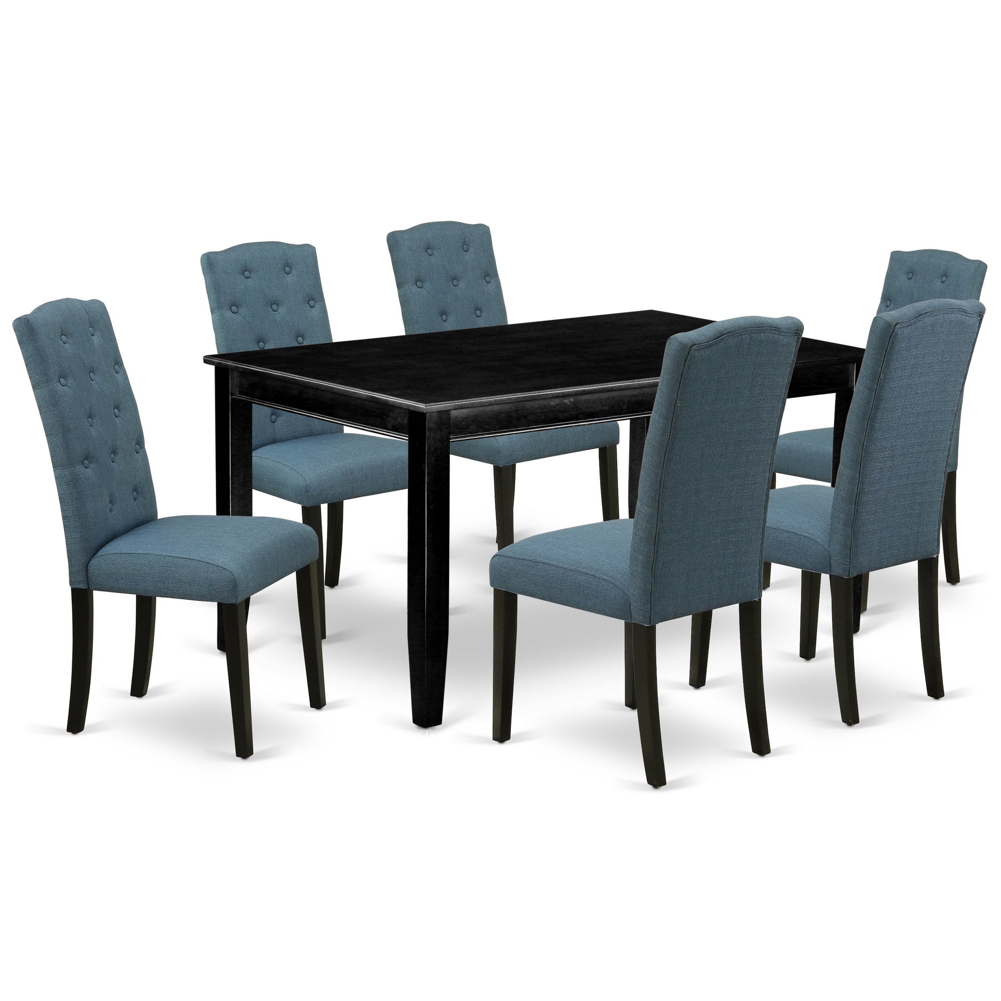 DUCE7-BLK-21 7Pc Dinette Set Includes a Rectangular Kitchen Table and Six Parson Chairs with Blue Fabric, Black Finish