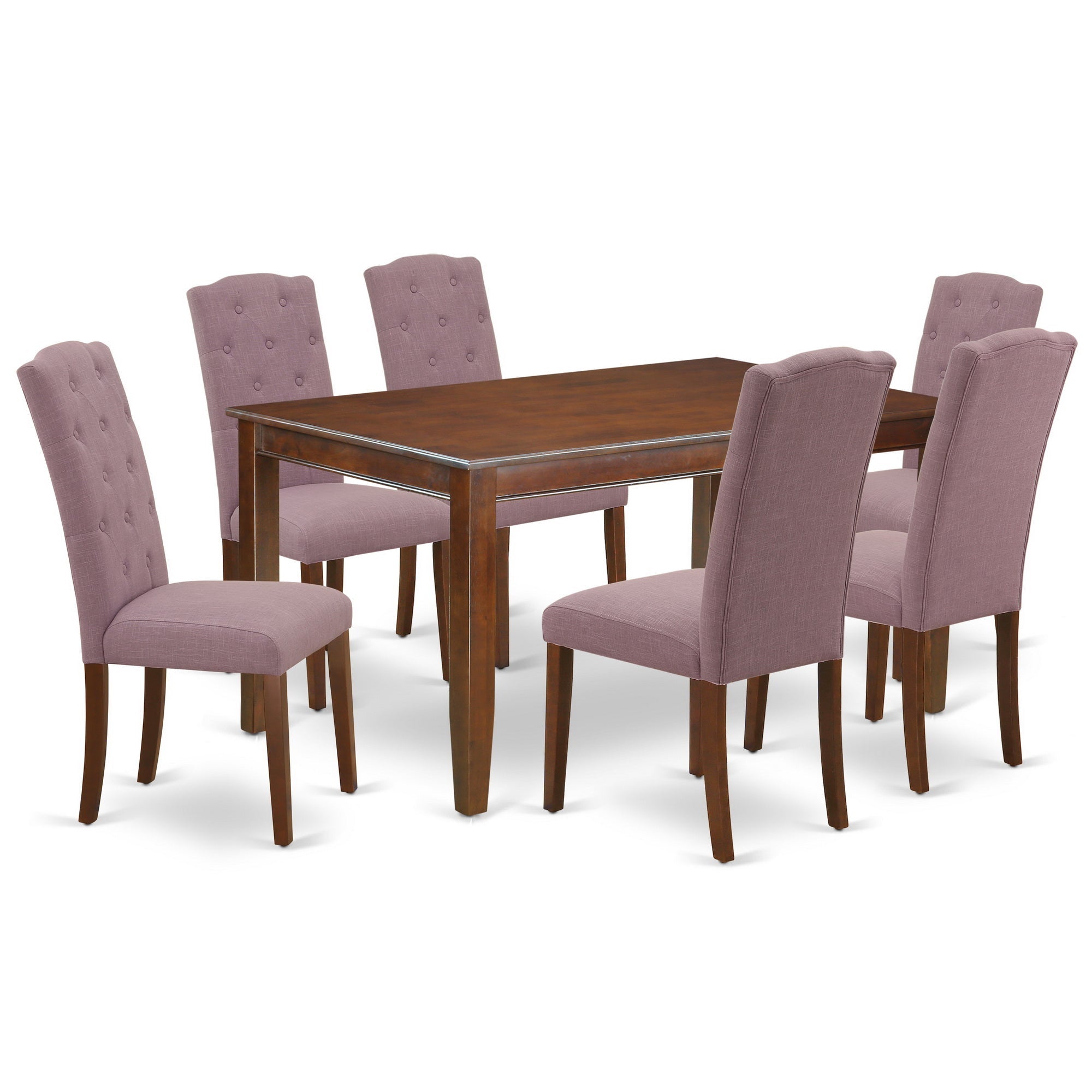 Juego de mesa de comedor de 7 piezas DUCE7-MAH-10 de East West Furniture. Consta de una mesa rectangular de madera y 6 sillas de comedor Parson de tela de lino Dahlia.