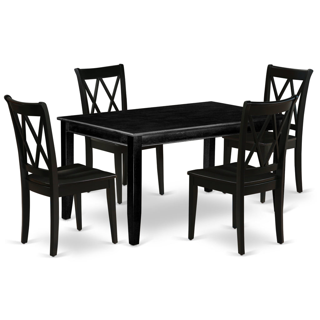 Juego de comedor de 5 piezas East West Furniture DUCL5-BLK-W para 4 personas. Incluye una mesa de comedor rectangular y 4 sillas de comedor.