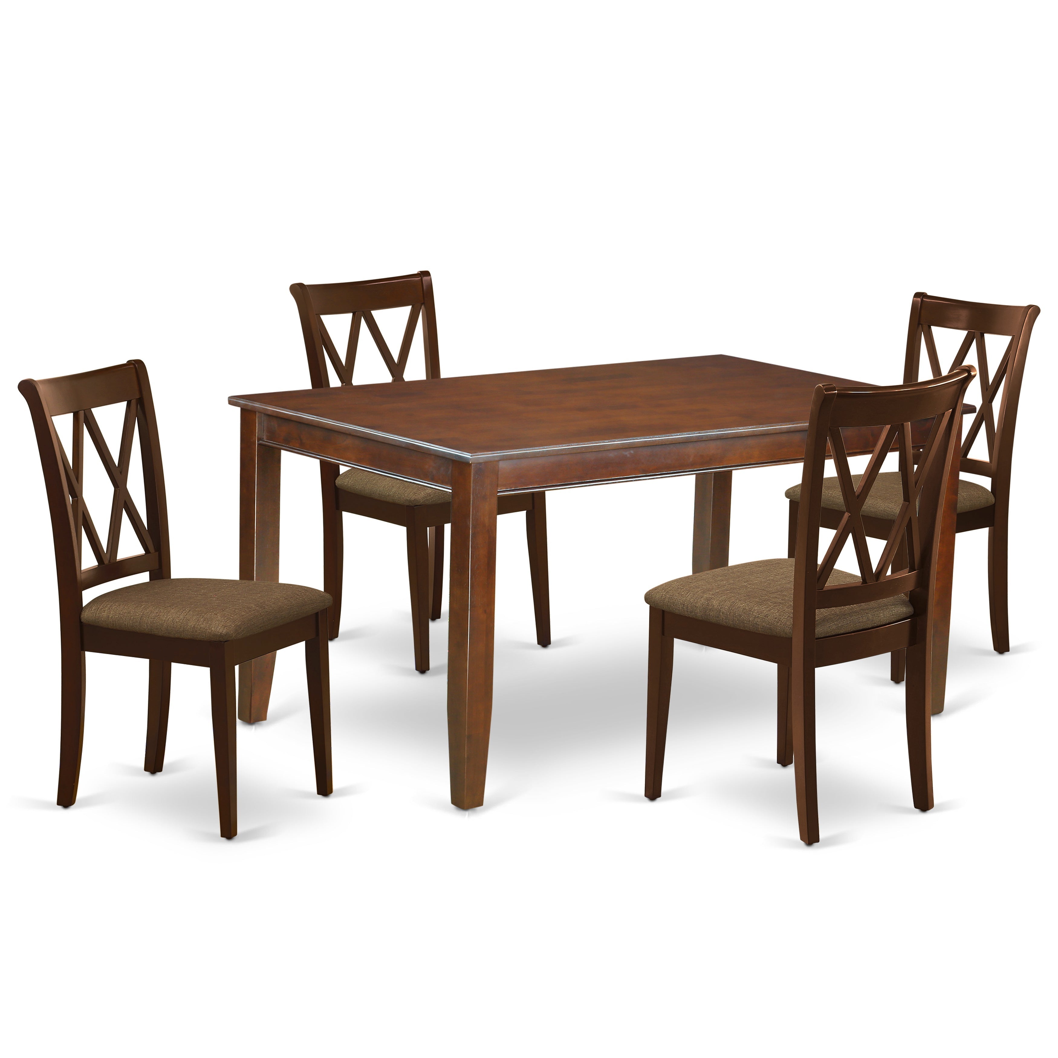 DUCL5-MAH-C 5Pc Dining Set Includes a Rectangle Dining Table and Four Double X Back Linen seat Kitchen Chairs, Mahogany Finish
