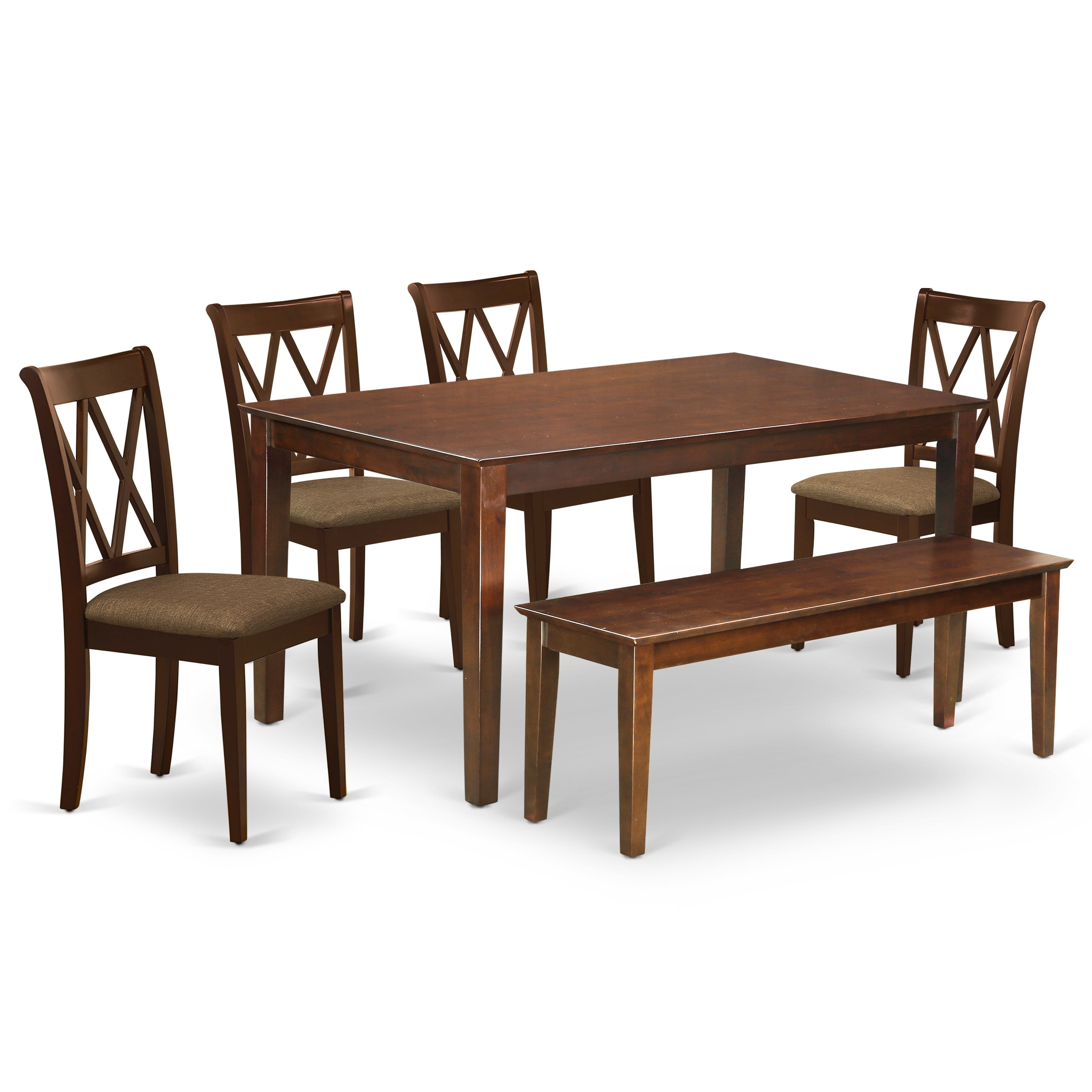 DUCL6-MAH-C 6Pc Dining Set Includes a Rectangle Dining Table, Four Double X Back Linen seat Kitchen Chairs and a Bench, Mahogany Finish