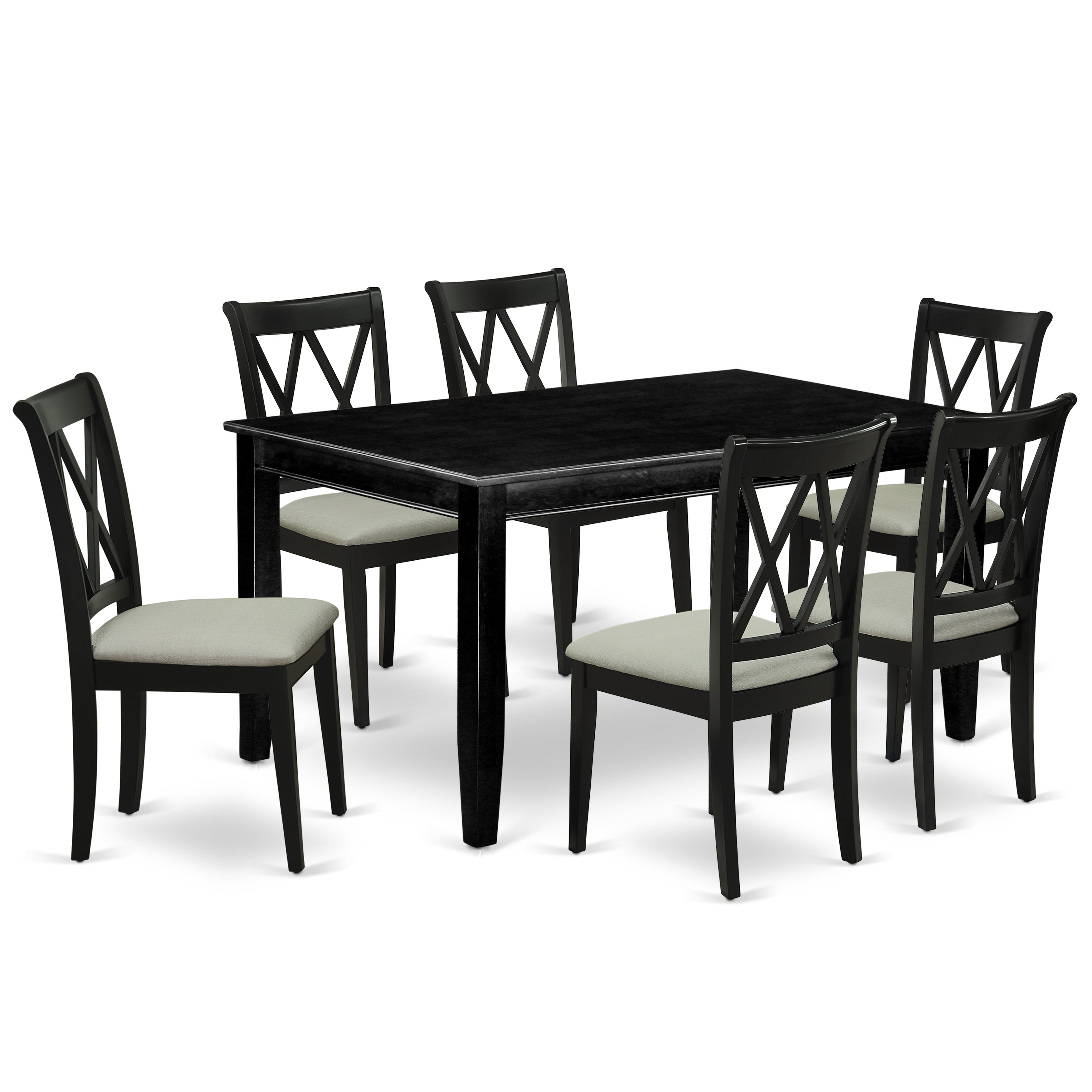DUCL7-BLK-C 7Pc Dinette Set Includes a Rectangular Kitchen Table and Six Double X Back Linen seat Dining Chairs, Black Finish