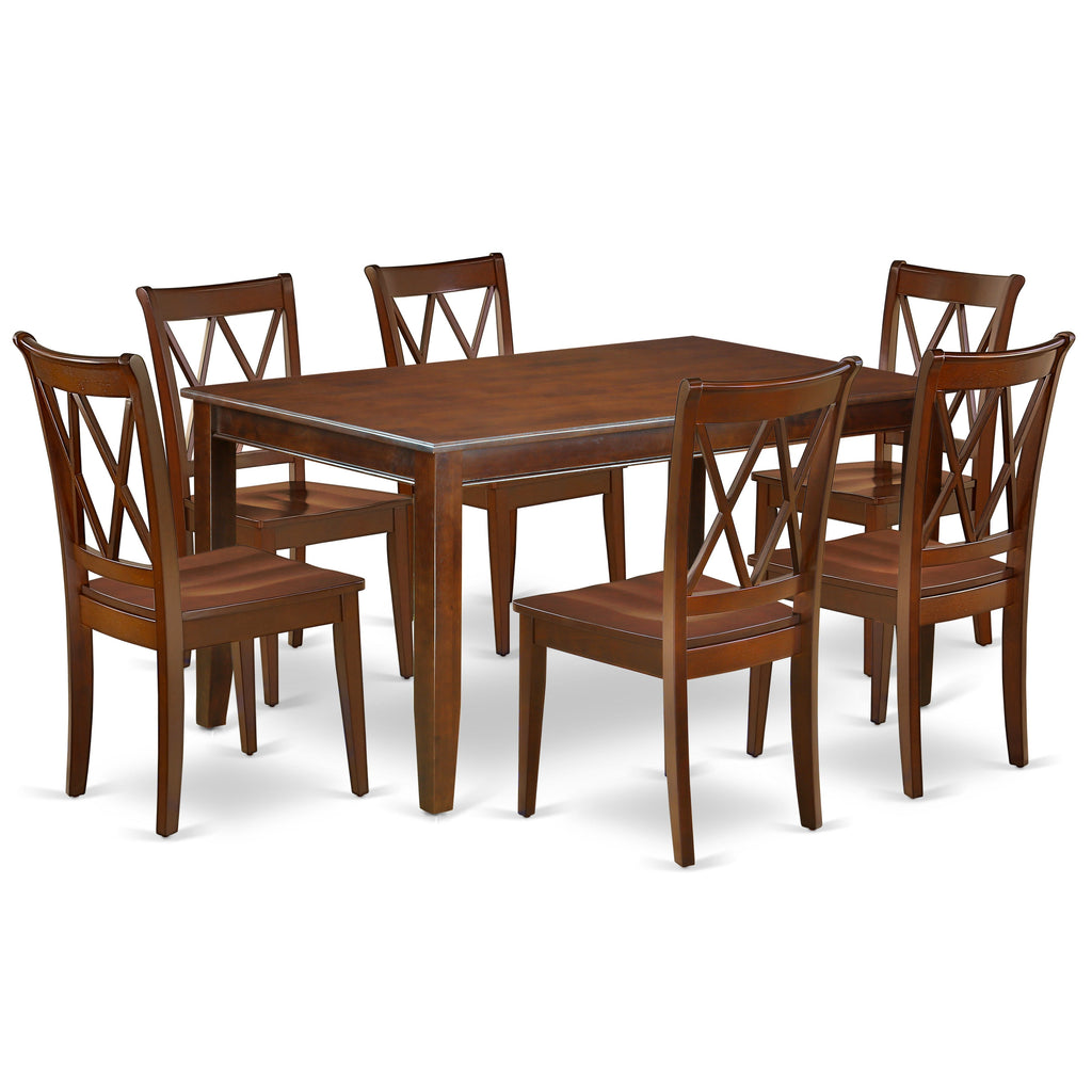 Juego de mesa de comedor East West Furniture DUCL7-MAH-W de 7 piezas compuesto por una mesa de cocina rectangular y 6 sillas de comedor.