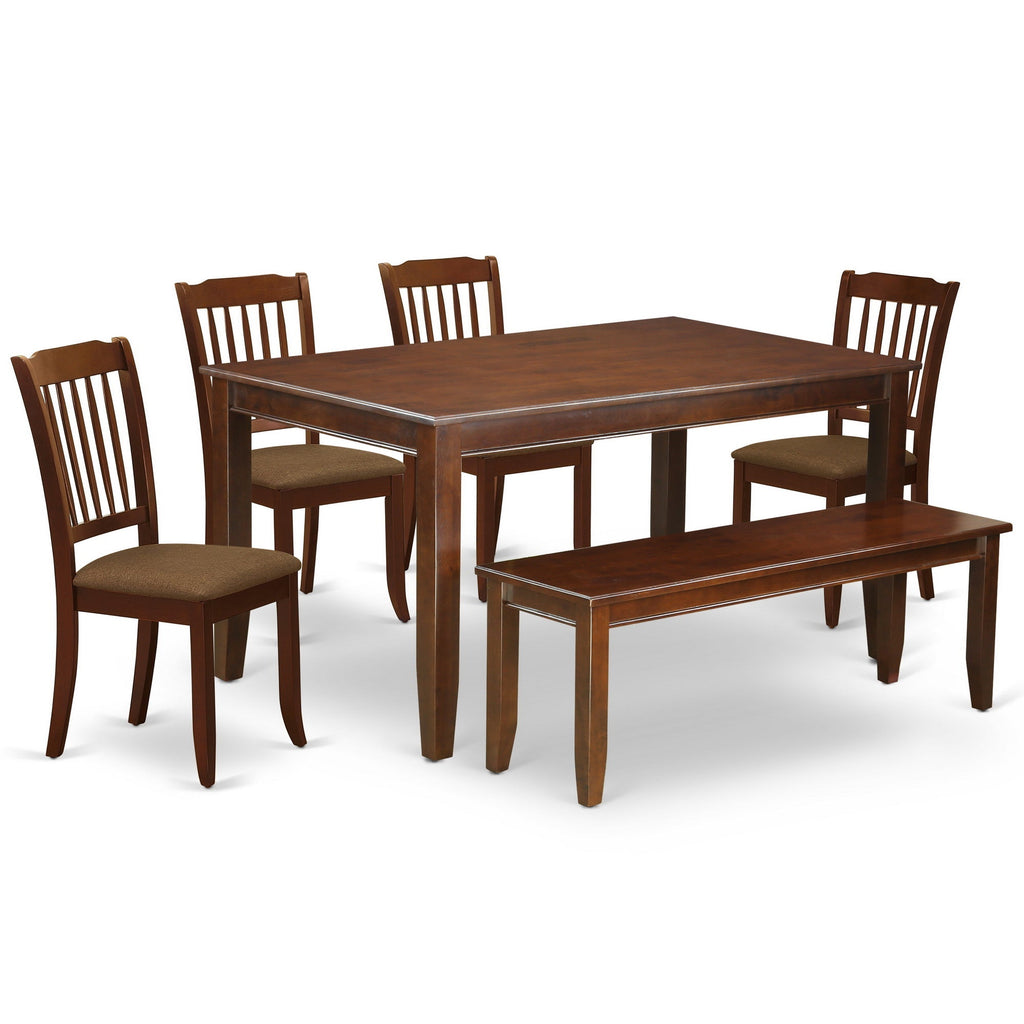 Juego de mesa de comedor moderna de 6 piezas DUDA6-MAH-C de East West Furniture. Contiene una mesa rectangular de madera y 4 sillas tapizadas en tela de lino con un banco.