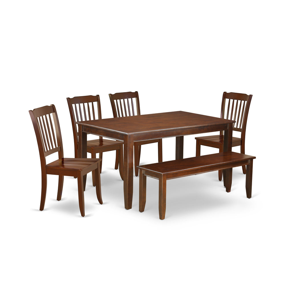 Juego de mesa de comedor de 6 piezas DUDA6-MAH-W de East West Furniture. Contiene una mesa de cocina rectangular y 4 sillas de comedor con un banco.