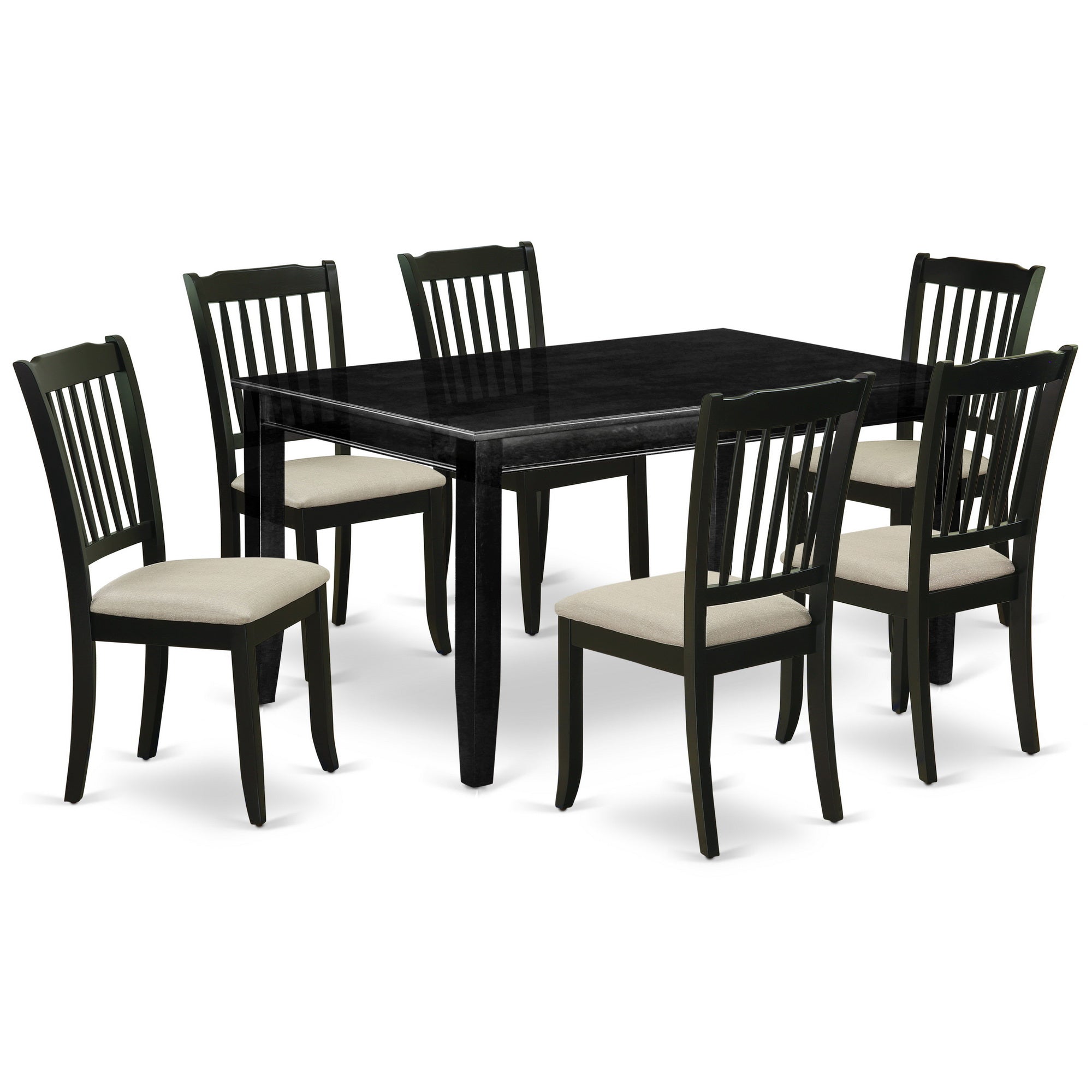 DUDA7-BLK-C 7Pc Dinette Set Includes a Rectangular Kitchen Table and Six Vertical Slatted Linen seat Dining Chairs, Black Finish