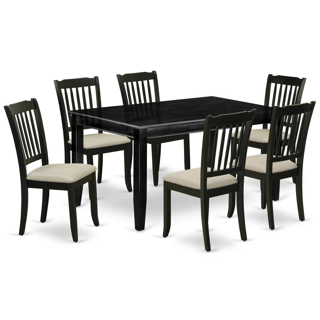 Juego de mesa de cocina de 7 piezas DUDA7-BLK-C de East West Furniture. Incluye una mesa de comedor rectangular y 6 sillas de comedor de tela de lino.