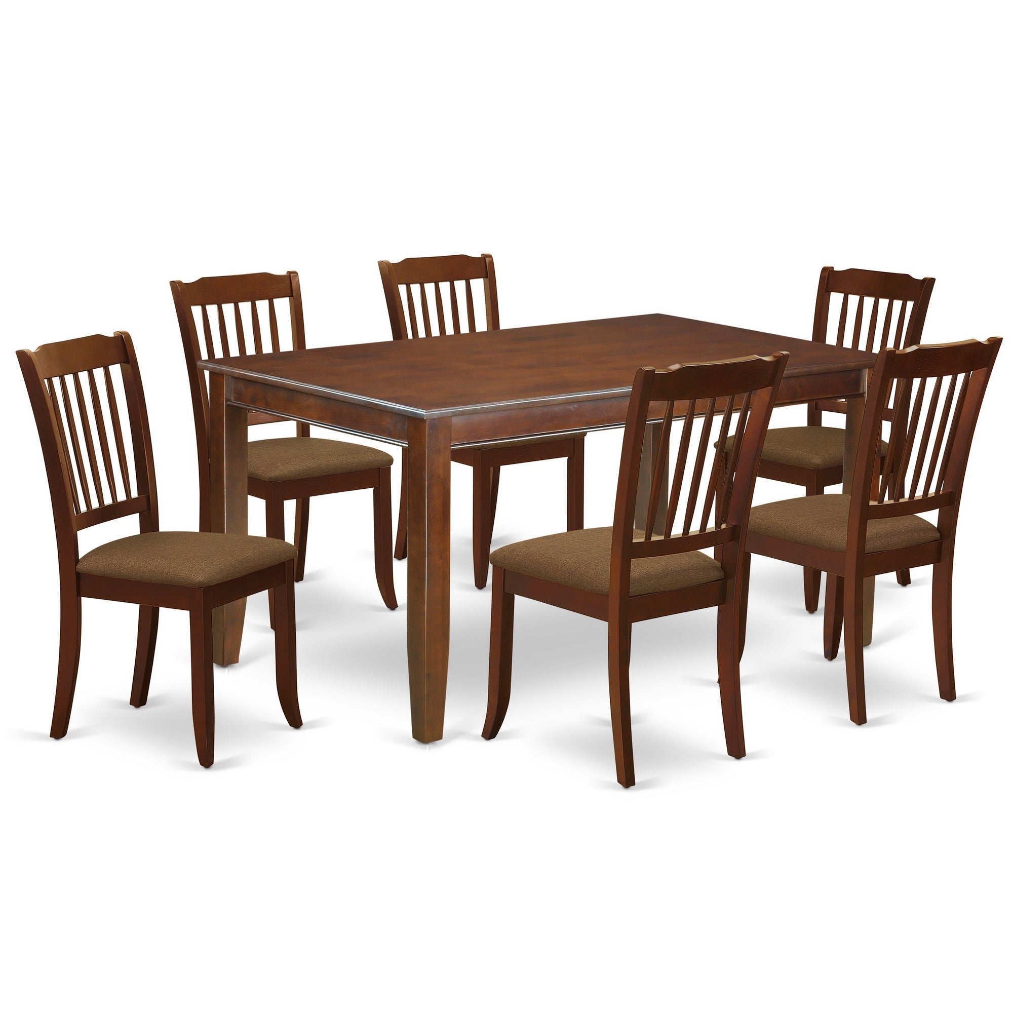 DUDA7-MAH-C 7Pc Dinette Set Includes a Rectangular Kitchen Table and Six Vertical Slatted Linen seat Dining Chairs, Mahogany Finish
