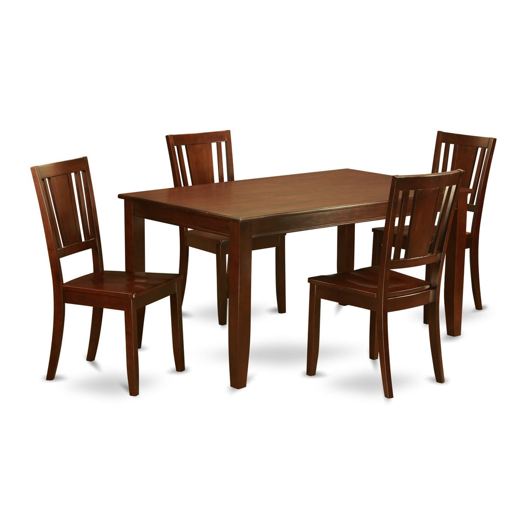 Juego de mesa y sillas de cocina de 5 piezas DUDL5-MAH-W de East West Furniture. Incluye una mesa de comedor rectangular y 4 sillas con asiento de madera maciza.