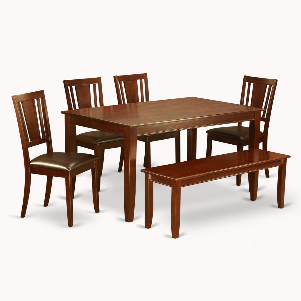 Juego de mesa y sillas de cocina de 6 piezas DUDL6-MAH-LC de East West Furniture. Contiene una mesa de comedor rectangular y 4 sillas de comedor de cuero sintético con un banco.