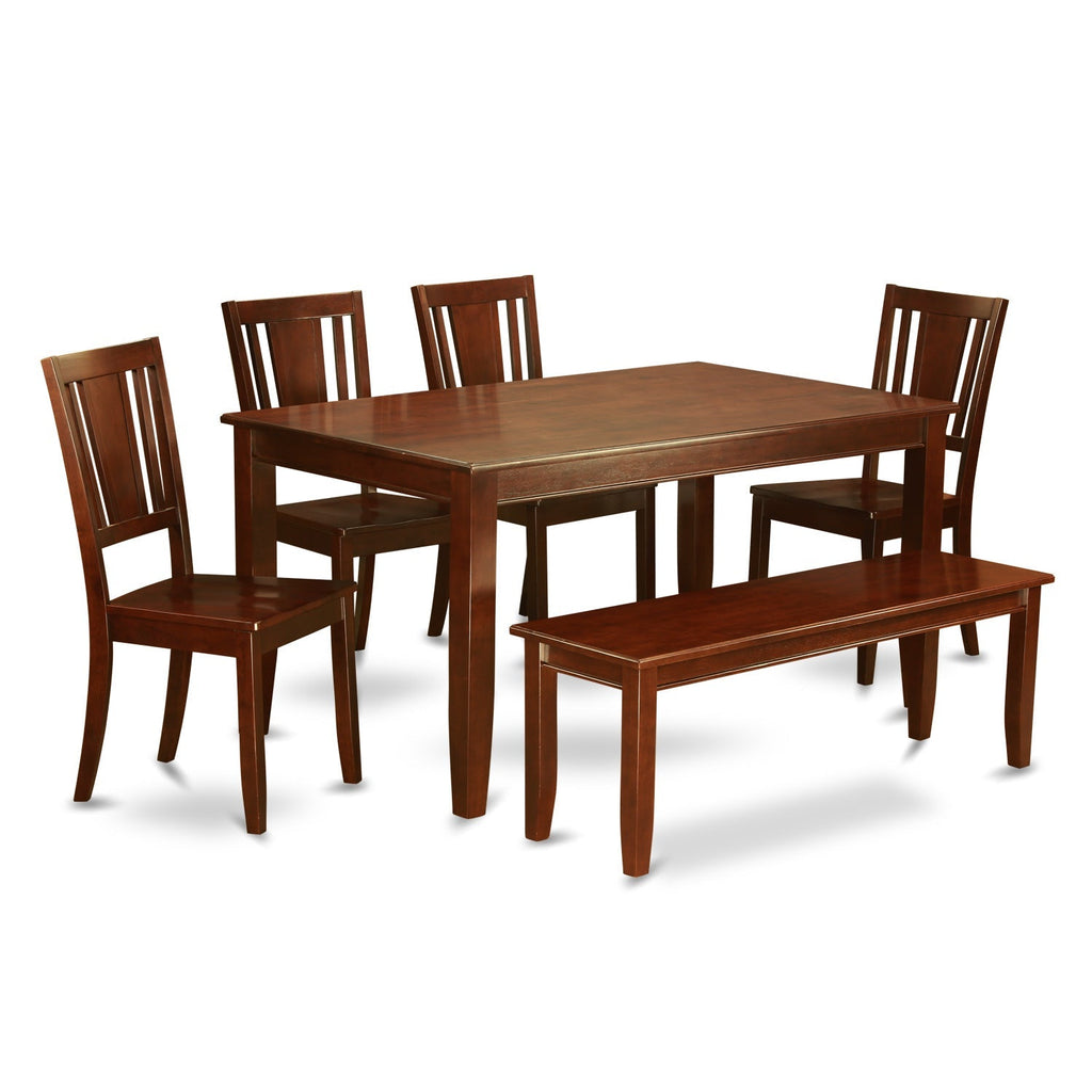 Juego de comedor de 6 piezas East West Furniture DUDL6-MAH-W que incluye una mesa rectangular de madera maciza y 4 sillas de cocina con un banco.