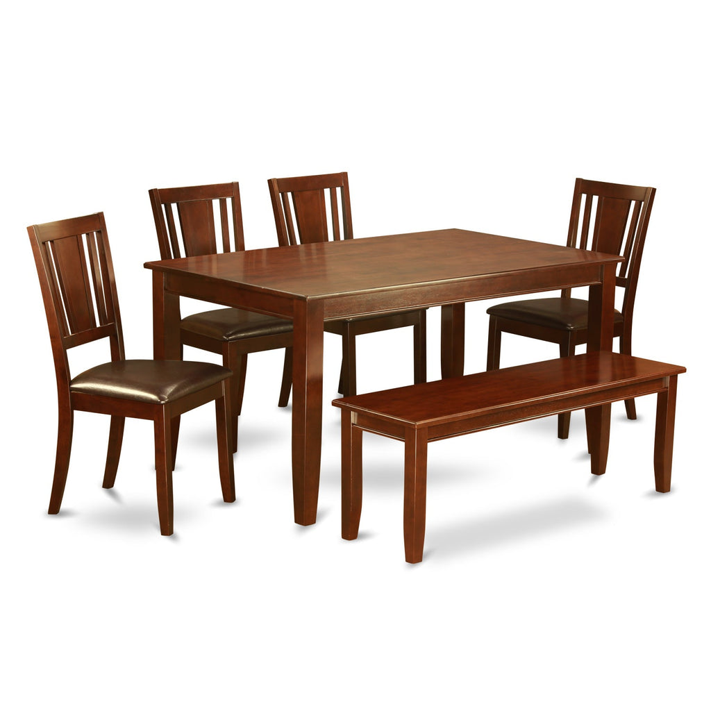 Juego de mesa de comedor de 6 piezas DUDL6D-MAH-LC de East West Furniture. Contiene una mesa de comedor rectangular y 4 sillas tapizadas de piel sintética con un banco.