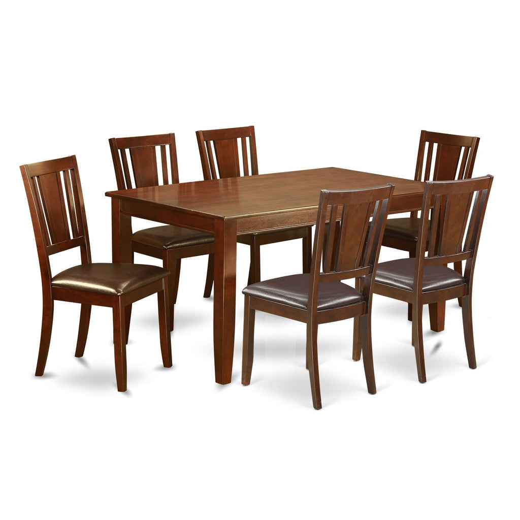 Juego de mesa de comedor moderna de 7 piezas East West Furniture DUDL7-MAH-LC compuesto por una mesa rectangular de madera y 6 sillas de comedor de cocina de cuero sintético.
