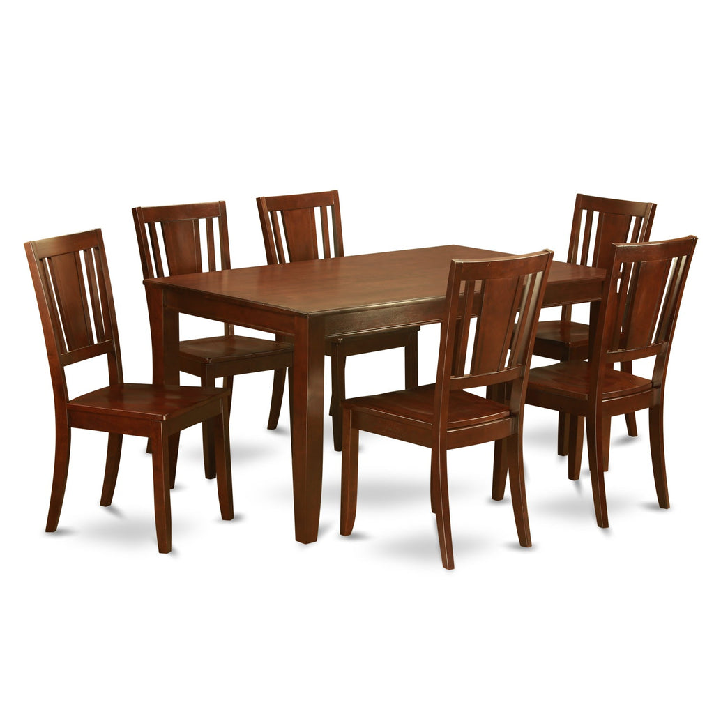 Juego de mesa de comedor East West Furniture DUDL7-MAH-W de 7 piezas compuesto por una mesa de cocina rectangular y 6 sillas de comedor.