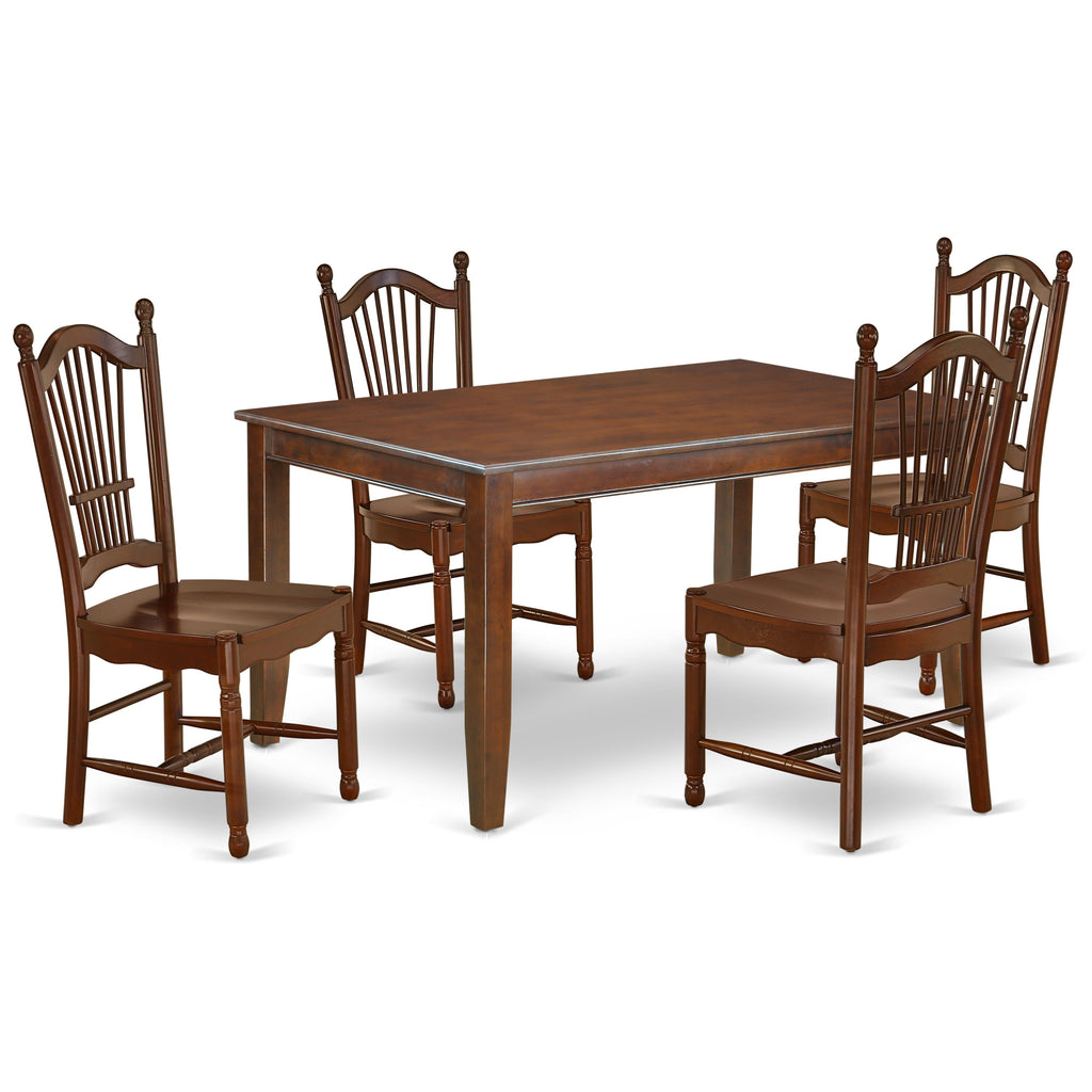 Juego de mesa de cocina de 5 piezas para 4 personas DUDO5-MAH-W de East West Furniture. Incluye una mesa de comedor rectangular y 4 sillas con asiento de madera maciza.