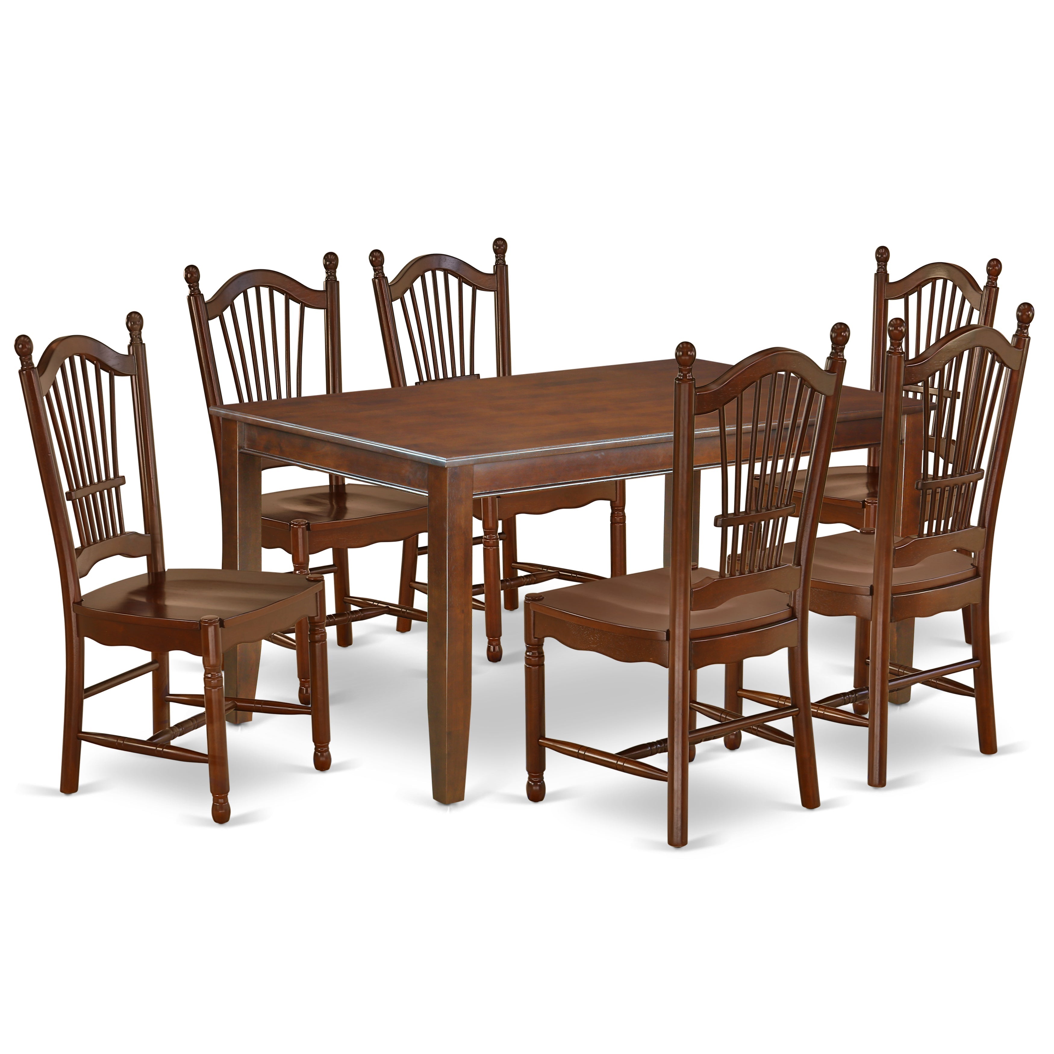 DUDO7-MAH-W 7Pc Rectangle 60" Dining Room Table And 6 Wood Seat Kitchen Chairs