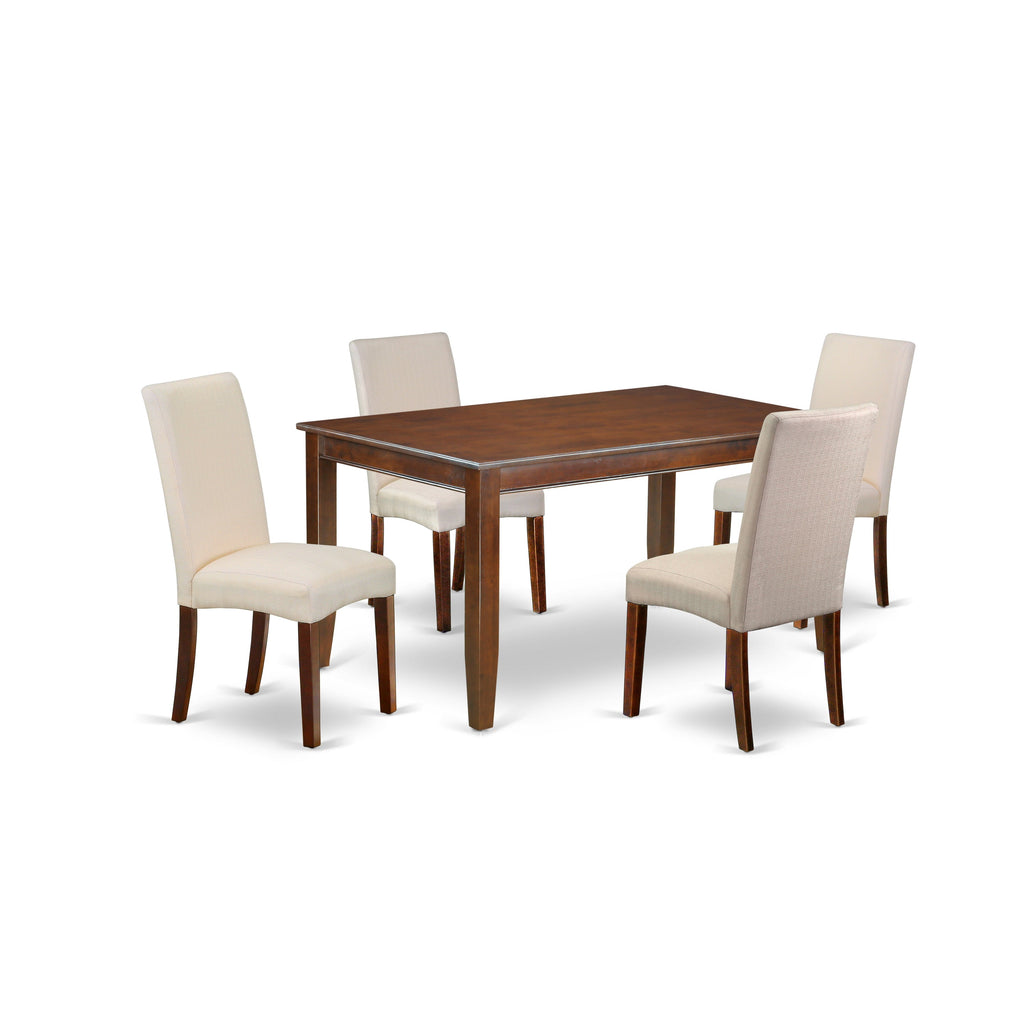 Juego de mesa de comedor de 5 piezas East West Furniture DUDR5-MAH-01. Incluye una mesa rectangular de madera y 4 sillas Parson tapizadas en tela de lino color crema.