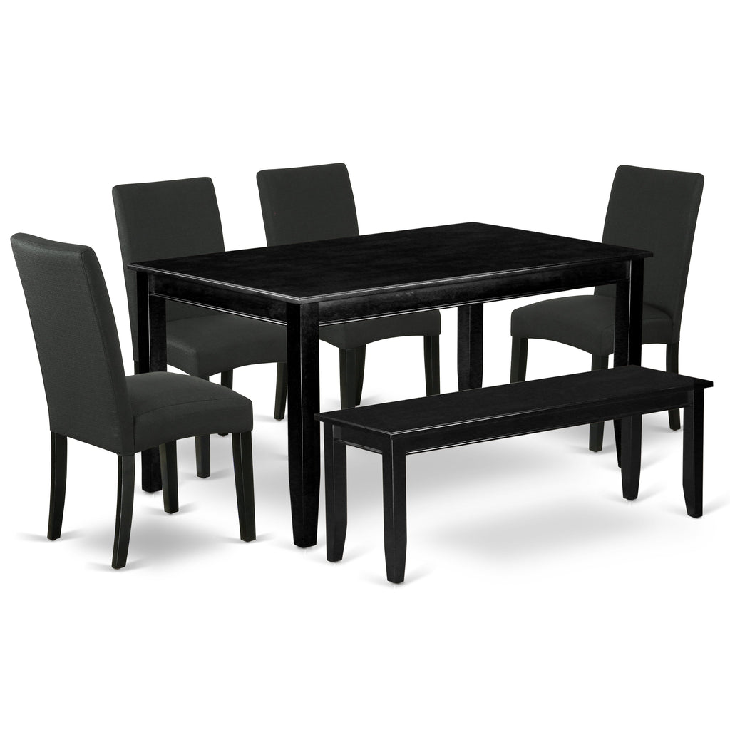 East West Furniture DUDR6-BLK-24 6 Piece Dining Room Table Set Contains a Rectangle Wooden Table and 4 Black Color Linen Fabric Upholstered Chairs with a Bench