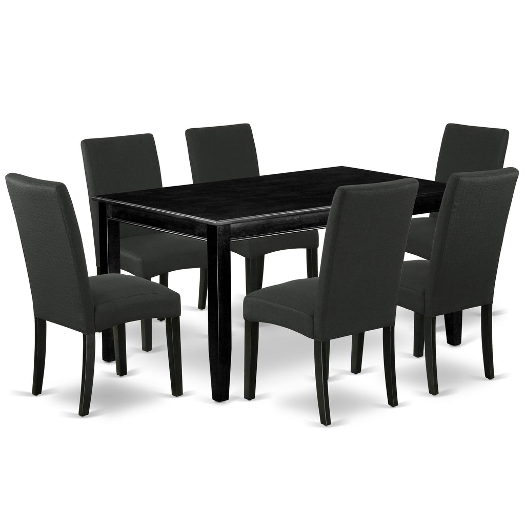Juego de mesa de comedor moderna East West Furniture DUDR7-BLK-24 de 7 piezas compuesto por una mesa rectangular de madera y 6 sillas tapizadas en tela de lino de color negro.