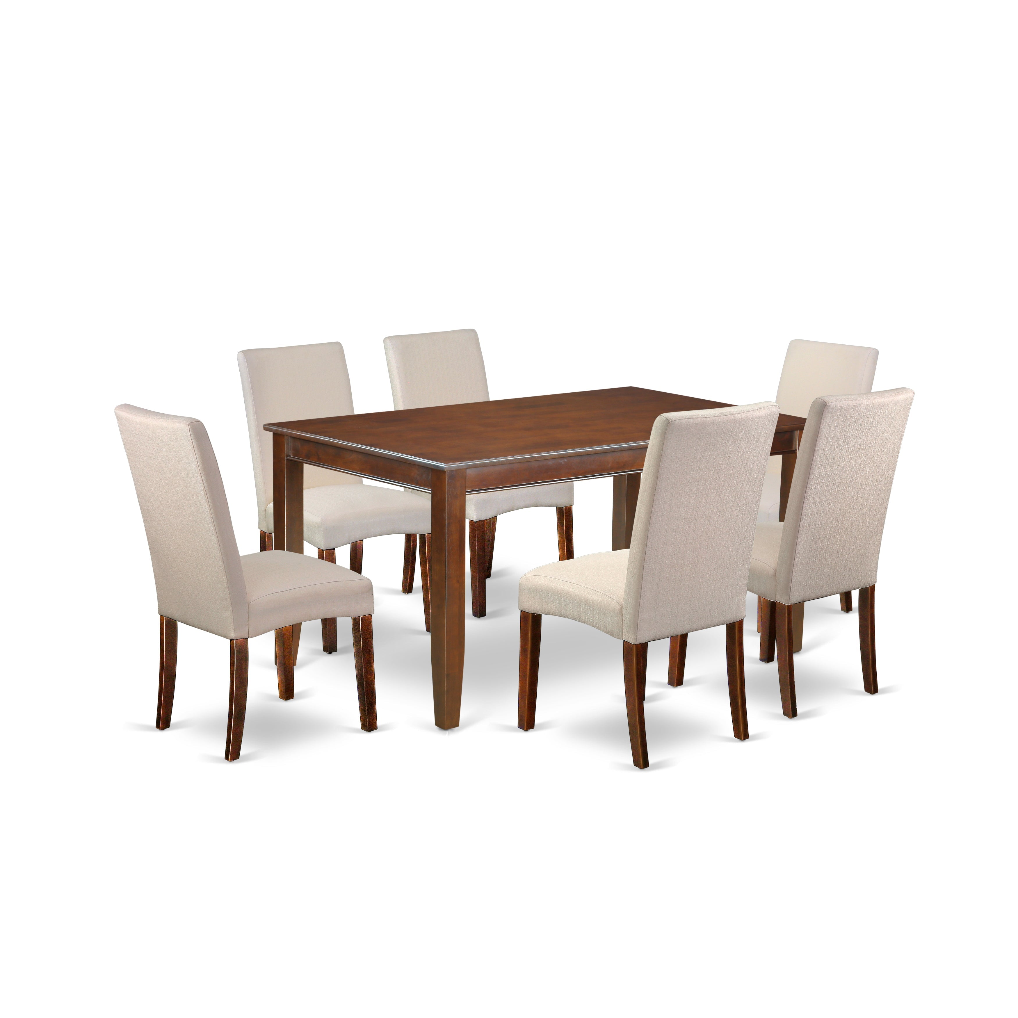 DUDR7-MAH-01 7Pc Rectangular 60 Inch Dining Table And Six Parson Chair With Mahogany Finish Leg And Linen Fabric- Cream Color