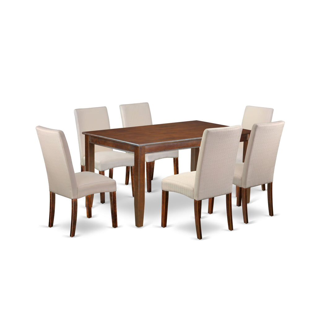Juego de comedor East West Furniture DUDR7-MAH-01 de 7 piezas compuesto por una mesa de comedor rectangular y 6 sillas Parson tapizadas en tela de lino color crema.