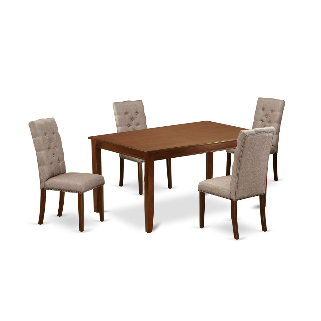 El juego de mesa de comedor moderno de 5 piezas DUEL5-MAH-16 de East West Furniture incluye una mesa rectangular de madera y 4 sillas de comedor Parson de tela de lino color caqui oscuro.